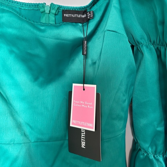 PLT Satin Puff Sleeve Bodycon Dress - Emerald Green - Picture 8 of 9